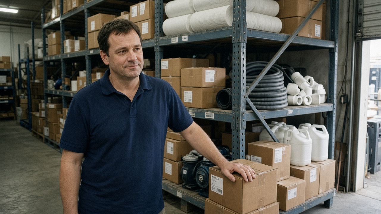 Pool pumps, filters, and fittings on the warehouse shelves
